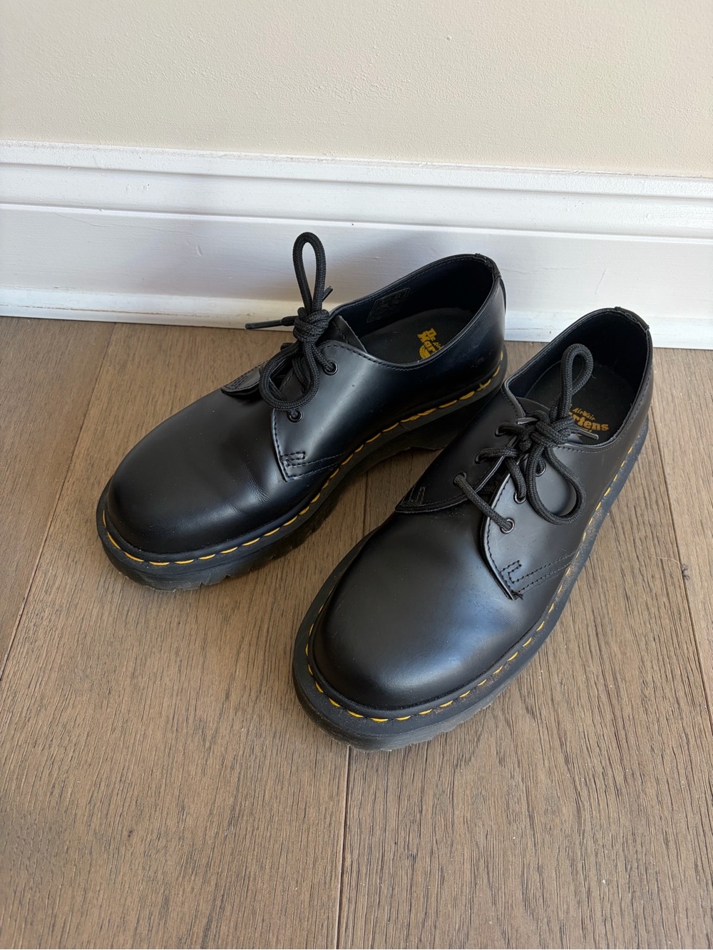 Dr. Martens Black Leather 3-Eye Derby Shoes with Yellow Stitching